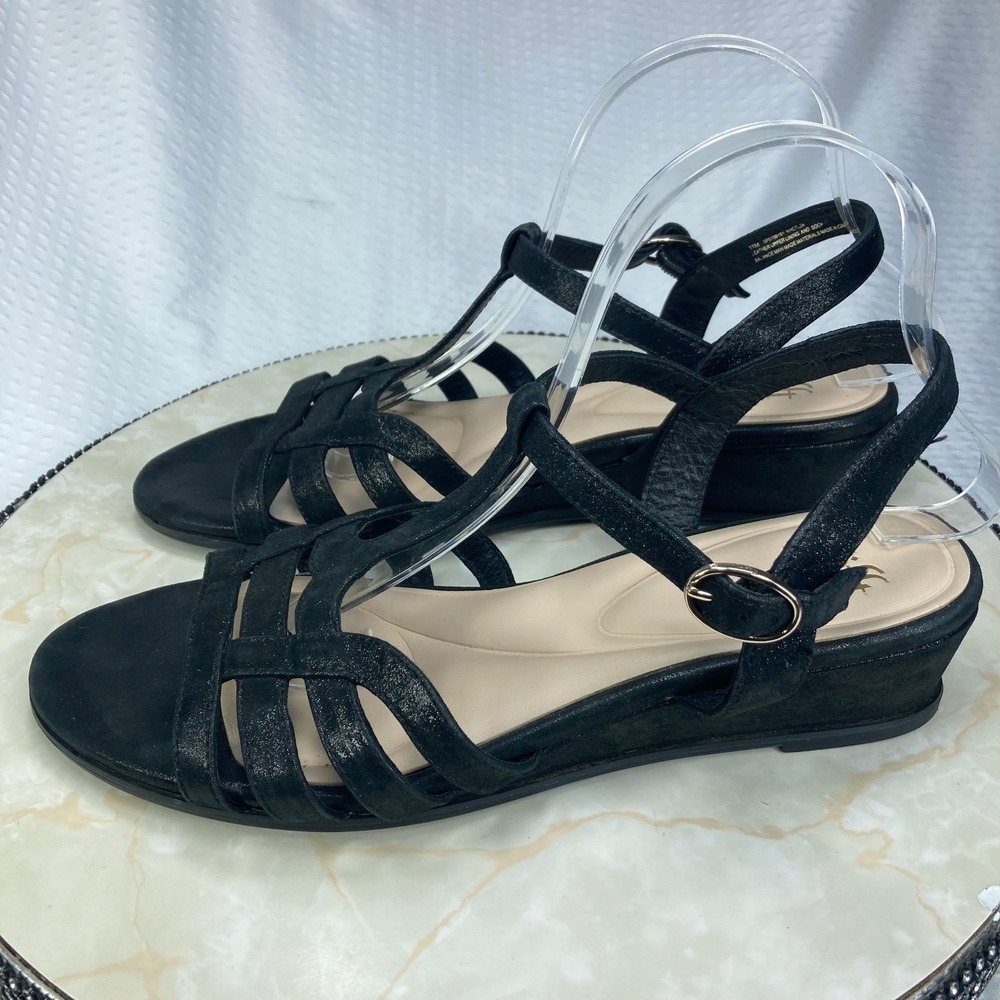 Sofft Shimmer Leather Strappy Wedge Sandals Women 11 Black Summer Comfort Boho - Picture 5 of 12